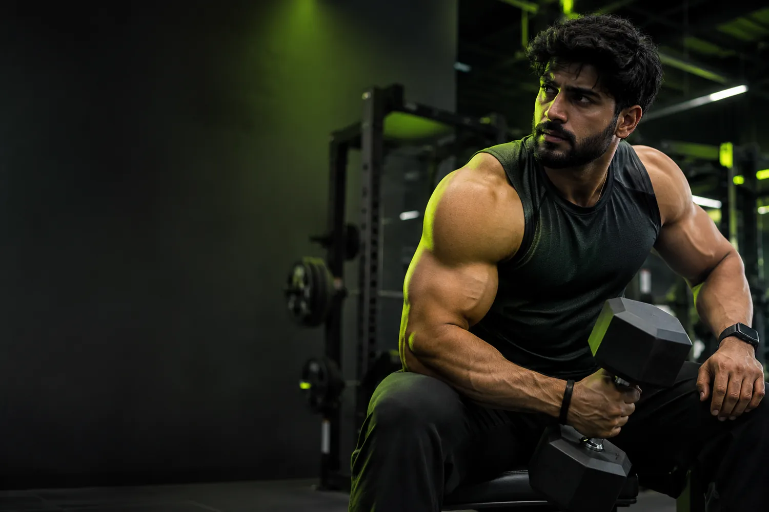 Athlete training with a dumbbell in a dark gym